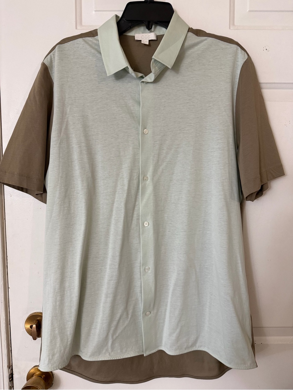 COS Men's Color-Block Cotton Short Sleeve Button Up Shirt - Mint & Brown Size L